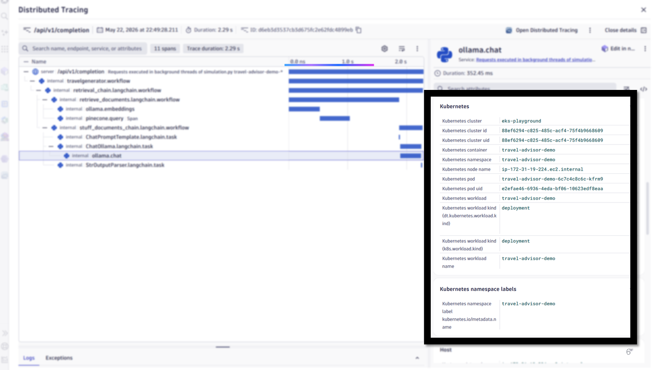 Figure 7 - Resource attributes describe the resource where the span originated. In this case, you can all metadata of the kubernetes environment where the span was created
