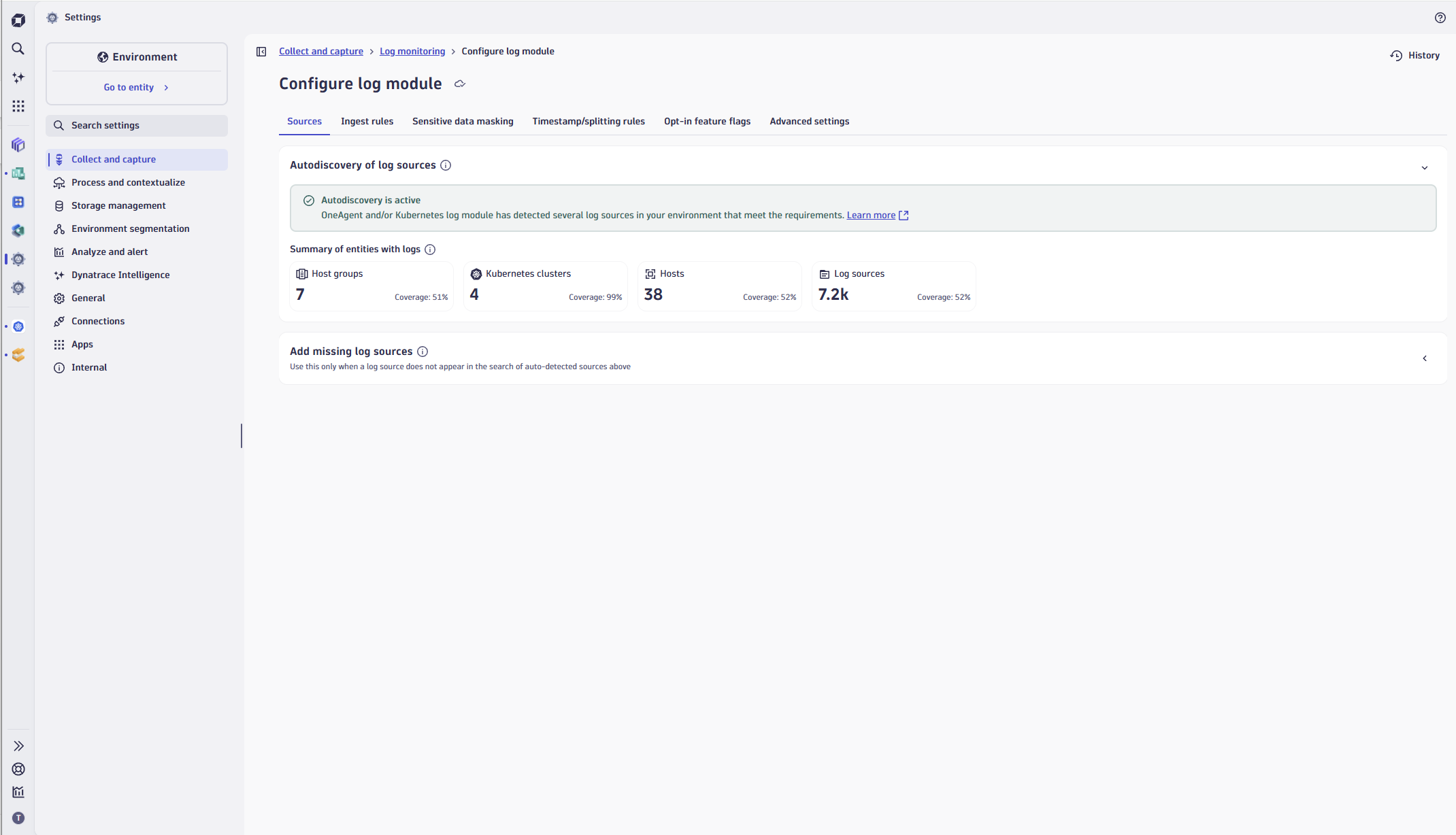 Figure 4. The Sources tab shows autodiscovery coverage across host groups, Kubernetes clusters, and hosts — the gaps are visible before you configure anything.