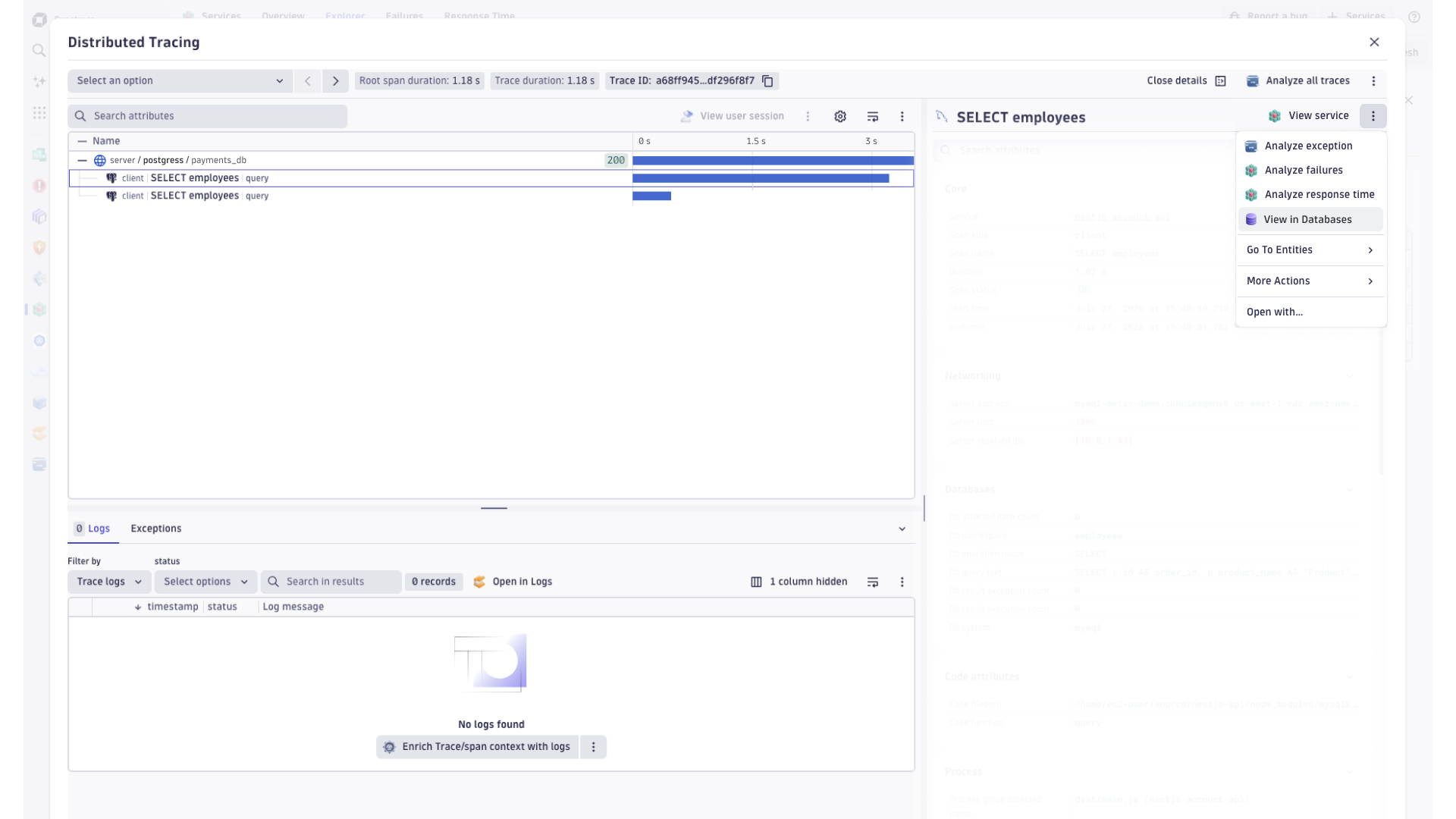 Distributed trace view showing a waterfall of spans. One span labeled "PostgreSQL / payments_db" spans 3.4 seconds and is highlighted, dwarfing all other spans in the trace. An arrow or annotation points to a "View in Database App" link.