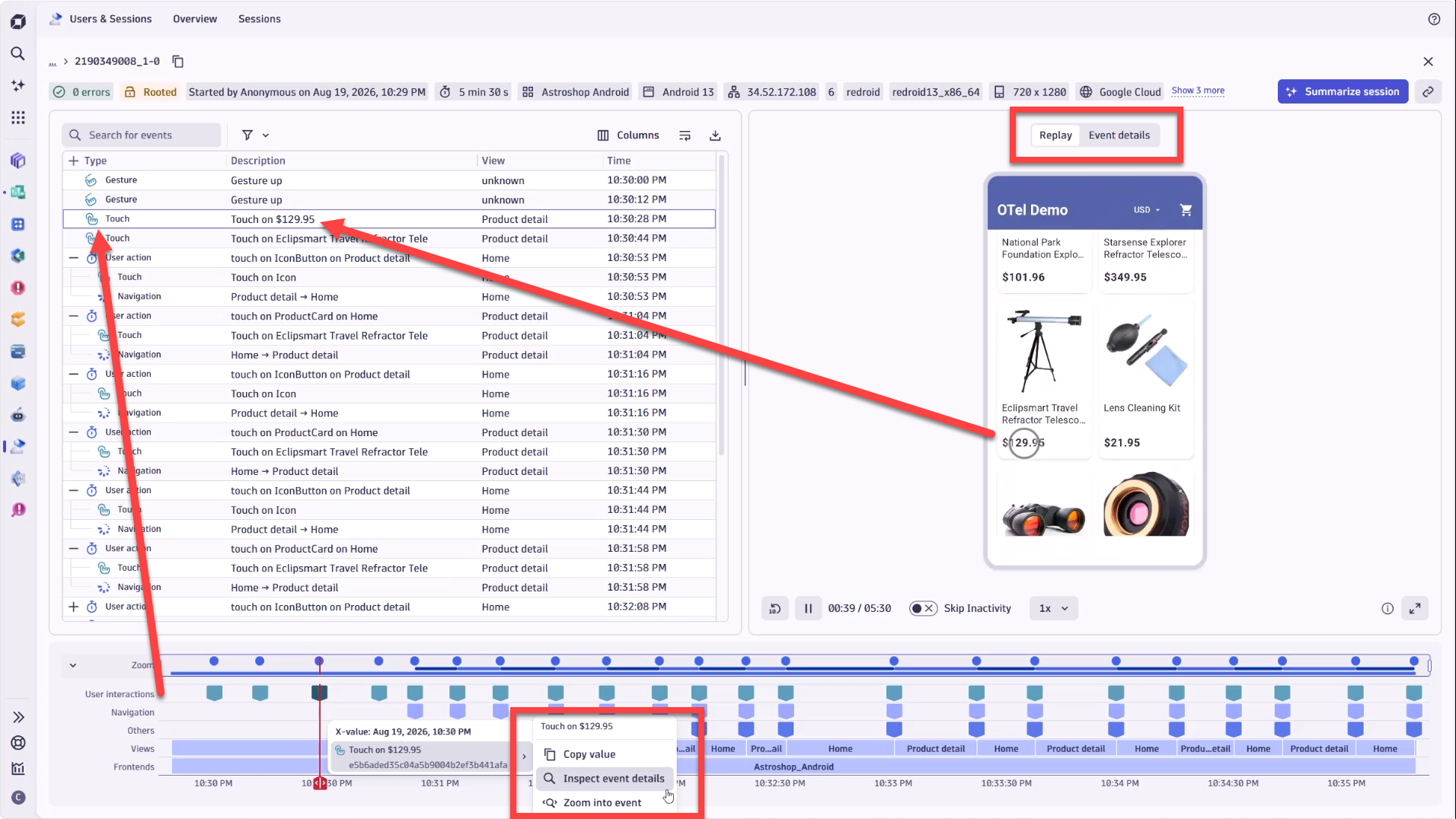 Figure 3 – Autoscroll tracks in the list of events, the interaction replaying in the recording, while the timeline provides you with an overview of grouped events, user interactions, navigation, and other events. You can jump directly to events from the timeline and the events list.