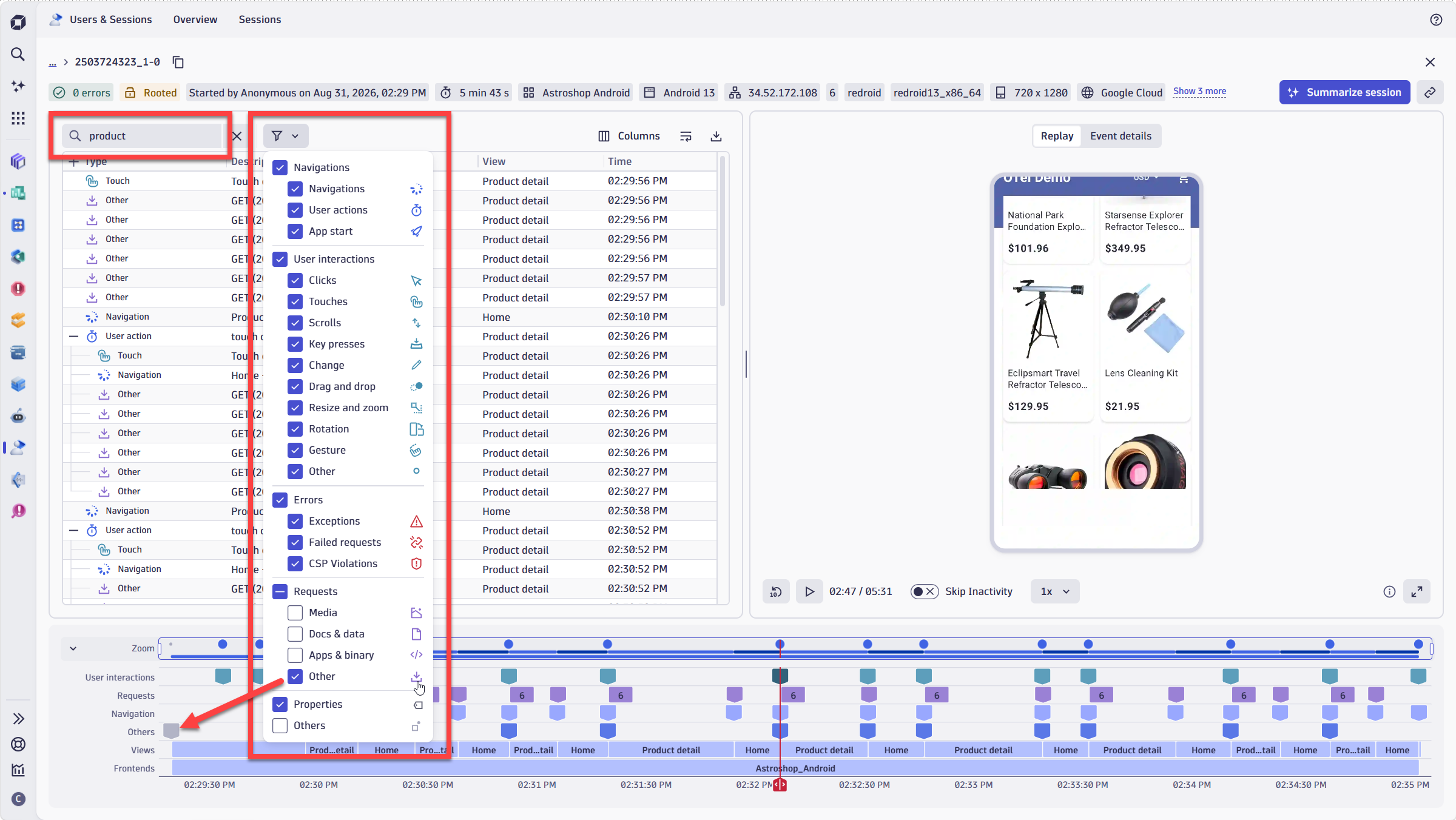 Easily search within session details, and enrich your view with additional session details.