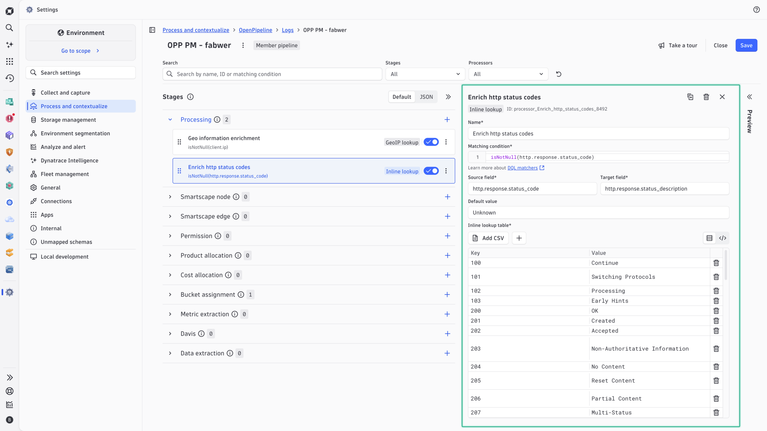 The Inline lookup processor configuration pane