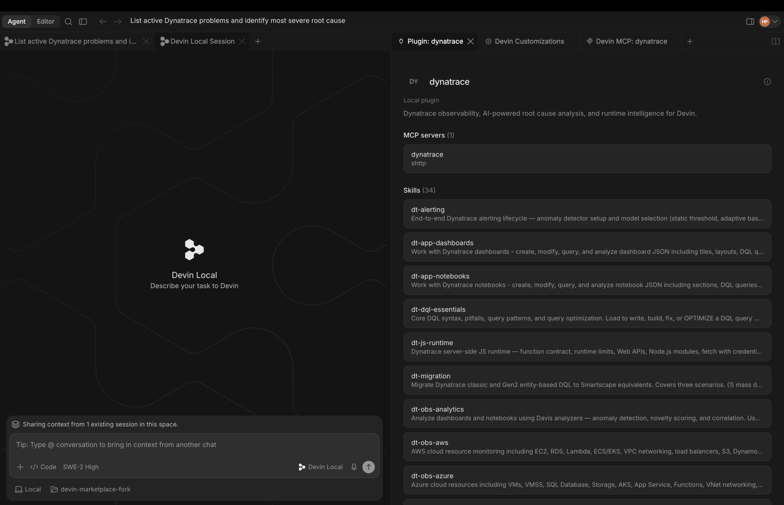 Dynatrace listing on the Devin marketplace. 