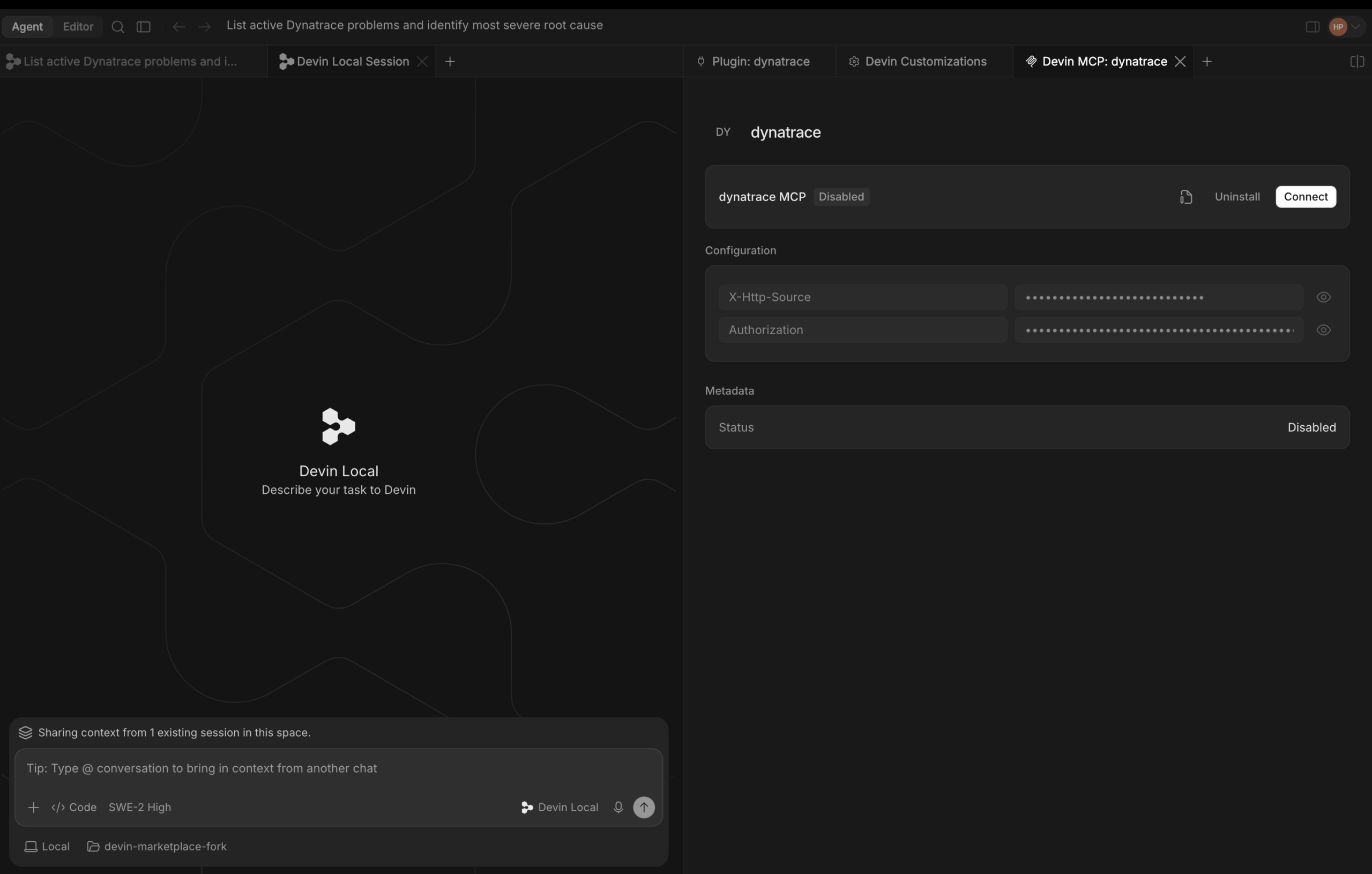 Connecting the Dynatrace Plugin via the MCP Server tab. 